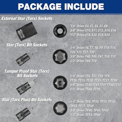 WORKPRO 60-piece Master Torx Bit Socket and External Torx Socket Set, 1/4", 3/8", 1/2" Drive Bits, Female E Sockets E4-E24, Star Socket Bits T6-T70, TT6-TT70, TP8-TP60, CR-V & S2 Alloy Steel - style: 60-piece master torx bit and E - socket set