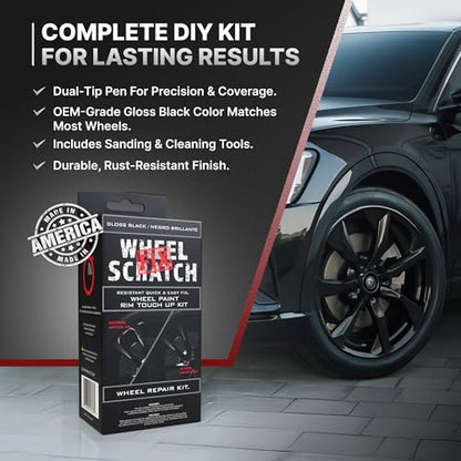 Wheel Scratch Fix® Gloss Black Touch Up Paint for Cars - DIY Alloy Wheel Repair Kit, Curb Rash Remover with Fast-Drying Pen - Long-Lasting OEM Finish Car Rim Paint for Scuffs and Chips at Home (Gloss Black) - color: Black - Gloss - Kit