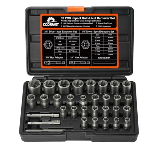 Bolt Extractor Kit,32Pcs Stripped Bolt Extractor Set for Impact Bolt&Nut | Heavy Duty,Durable&Resistant Damage,Multiple Size Options,Organized Box,Easy Out Bolts Nuts,Gifts for Men,Home DIY - size: 32PCS