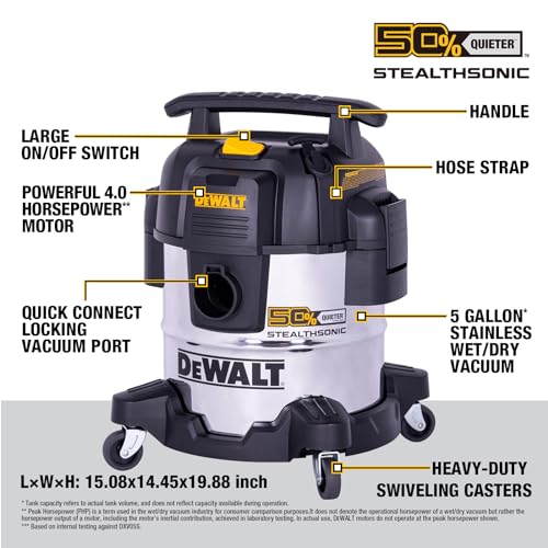 DEWALT STEALTHSONIC 5 Gallon Shop Vacuum Wet and Dry, 4 Peak HP, DXV05S-QT | Powerful Suction & Portable Shop Vac with Attachments, Ultra Quiet Wet Dry Vacuum for Home, Garage, Car, Workshop, Jobsite - size: 5 Gallon (1 Dust Bag)