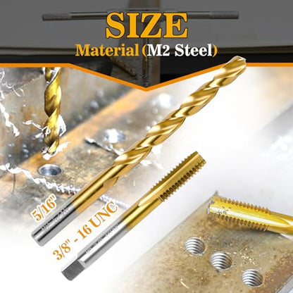 3/8"-16 UNC Tap and 5/16" Drill Bit for Metal, M2 HSS Drill and Tap Set | Combination of Drill and Tap Kit for Metal - size: 3/8"-16 UNC Tap - 5/16" Drill