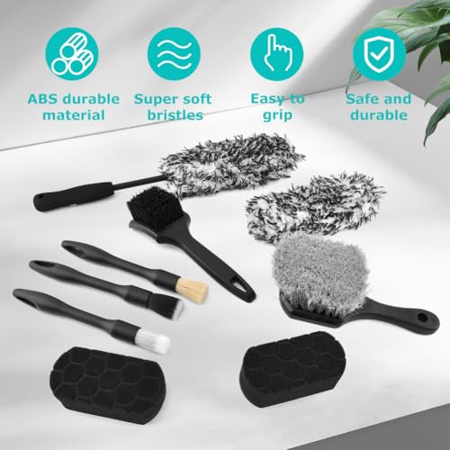 9PCS Car Wheel Cleaning Pro Kit, Tire Brush, Detailing Brush Set, Soft-bristled Rims Brush, Microfiber Flat Wheel Brushes, Double-Ended Detailing Brushes, Detailing Pads, Scratch-Free & Multipurpose