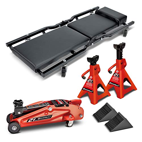 Powerbuilt 6 Piece Car Jack and Garage Creeper Service Set, 2 Ton Vehicle Lift, Jackstands, Folding Creeper, Wheel Chocks, Car Repair Garage Equipment - 640816, Large, Red - size: 6 Piece Combo
