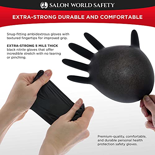 Salon World Safety Black Nitrile Disposable Gloves, Box of 100, Size X-Large, 5.0 Mil - Latex Free, Textured, Food Safe - size: 2X-Large (Pack of 100)