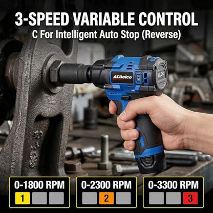 ACDelco G12 12V Brushless 3/8" Cordless Impact Wrench Dual-Battery Kit, 140 ft-lbs, 190 Nm, 3600 RPM, 4-Mode Control, Ultra-Compact 5", Includes (2) Li-ion Batteries & Charger - ARI12186-3-P2