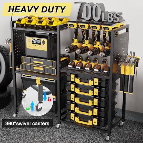 6-Tier Large Power Tool Organizer Cart with Charging Station, Heavy-Duty Garage Rolling Tool Cart with 6 Wheels, 8 Hooks & Adjustable Shelves, Holds 700LBS+ - color: Black