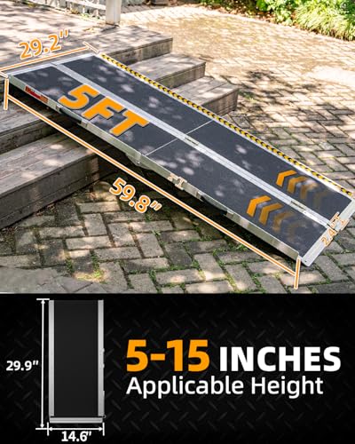 VNN Portable Wheelchair Ramp 5FT, Seamless Non-Slip Aluminum Ramps for Wheelchairs for Home, Handicap Wheelchair Ramps for Home Steps, Aluminum Loading Dock Plates, Black - size: 5FT (Usable height 5-15 inch)