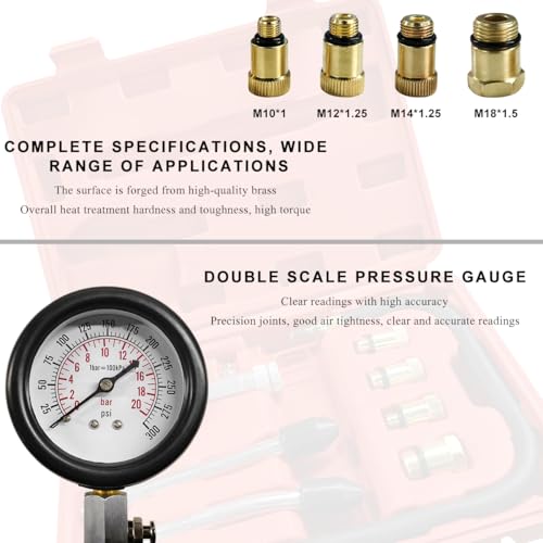 Compression Tester Kit, Petrol Gas Engine Cylinder Pressure Gauge with Adapters, Professional Small Engine Compression Tester Range of 0-300 PSI for Car Motorcycle