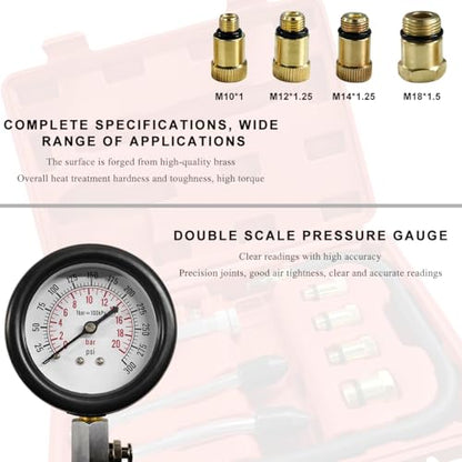 Compression Tester Kit, Petrol Gas Engine Cylinder Pressure Gauge with Adapters, Professional Small Engine Compression Tester Range of 0-300 PSI for Car Motorcycle