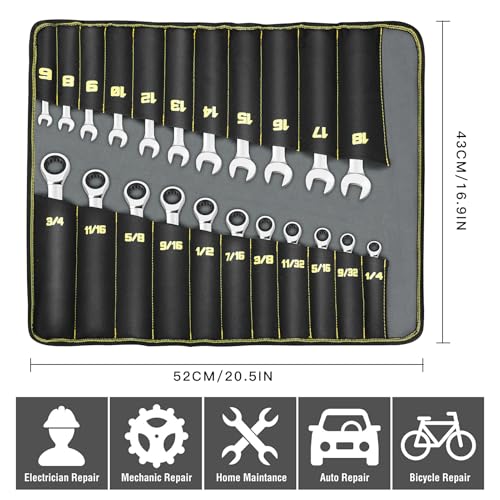AIRAJ Combination Wrench Set,22-Piece Ratcheting Wrench Set,Long Open End,72-Tooth Ratchet Drive,CR-V Steel,Organizer With Tool Roll Bag,1/4"-3/4" & 6-18mm,SAE & Metric