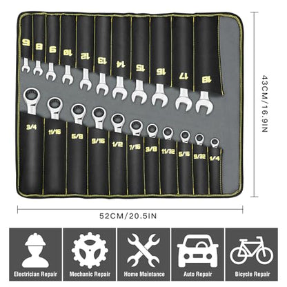 AIRAJ Combination Wrench Set,22-Piece Ratcheting Wrench Set,Long Open End,72-Tooth Ratchet Drive,CR-V Steel,Organizer With Tool Roll Bag,1/4"-3/4" & 6-18mm,SAE & Metric