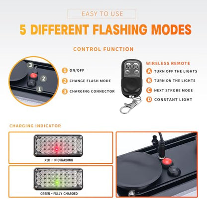 Red/Blue Magnetic Flashing Strobe Light/w Controller, Battery Operated Rechargeable LED Safety Lights, Portable Emergency Warning Light Bar for Car Trucks Vehicles 2-Pcs - color: 2pcs Blue/Red