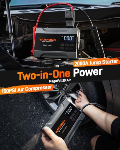 WOLFBOX MV10A 2000A Jump Starter with Air Compressor, 37Wh Car Battery Jumper Starter Portable (up to 5L Gas Engine) with 150PSI Tire Inflator, 12V Jump Box with Jumper Cables, Boost, LED Light - color: Gray
