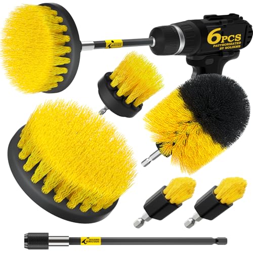 Holikme 6Pc Drill Brush Set - Soft Bristles with Extension for Home Clean | 5 Head Sizes, Yellow Nylon Fibers, Power Scrubber Attachments for Tile, Tub, Shower, Floors, Kitchen and Auto Interior Care - color: Yellow