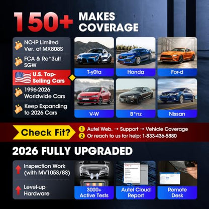 Autel Scanner MaxiCOM MK808S, 2026 OBD2 Scan Tool as MaxiCheck MX808S MX900 MK900BT MK808BT Pro, 3000+ Active Test, 28+ Service for 200+ Brands, OE All System Diagnostics, FCA & SGW, 10X Faster OS 11