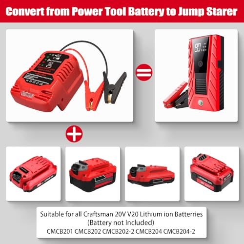 Jump Starter Adapter for Craftsman 20V V20 Li-ion Battery Powered with Jumper Cable Clamps Portable Car Charger Jump Starter(Battery Not Included) - style: For Craftsman