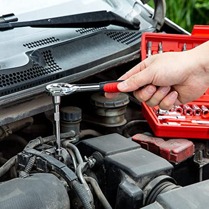 46 Pcs 1/4” Drive Socket Ratchet Wrench Set with Storage Case, Includes Metric Bit Socket Set and Extension Bar for Auto Repair and Home Maintenance - size: 1/4” Drive 46Pcs