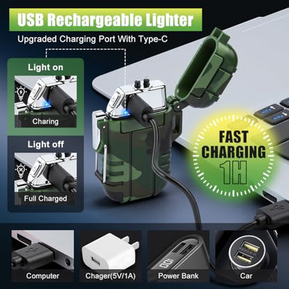 LcFun Electric Lighter USB C Rechargeable Plasma Lighter Windproof Flameless Arc Lighters, Waterproof Matches for Camping Hiking Hunting, Survival Tactical Gear Gifts for Men Fathers Husband - color: Camouflage, style: Arc lighter