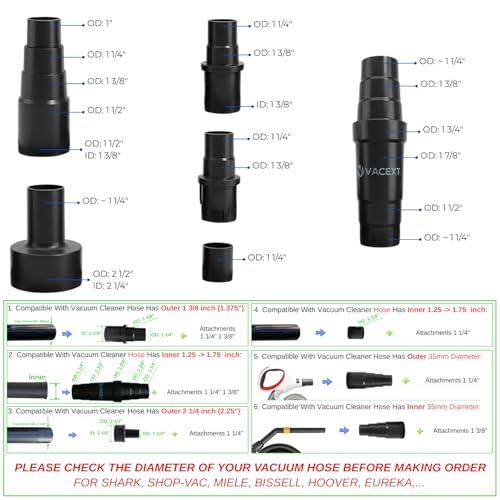 Universal Vacuum Hose Adapter Kit Reducer Attachment Set Converter from 1 1/2 inch to 1 1/4 inch from 1 3/8 inch to 1 1/4 inch Dust Hose Port Adapter ; 2-1/4 Inch to 1-1/4 Inch to 1-3/8''