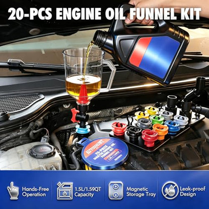 20-Piece Oil Funnel Kit, Engine Oil Funnel Kit 1.59QT/1.5L, Spill-Proof Oil Change Kit with 12 Adapters, Shut-Off Valve, Elbow Fitting, Magnetic Storage System, No Spill Funnel for Automotive