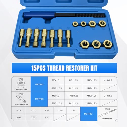 Nilight 15PCS Metric Thread Chaser Set Master Thread Repair Kit with Case 7 Taps 7 Dies 1 Threads File Universal M6 M8 M10 M12 Sizes Automotive Tool for Mechanics Auto Shops Home Garage Mobile Repair - size: 15PCS Metric