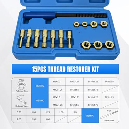 Nilight 15PCS Metric Thread Chaser Set Master Thread Repair Kit with Case 7 Taps 7 Dies 1 Threads File Universal M6 M8 M10 M12 Sizes Automotive Tool for Mechanics Auto Shops Home Garage Mobile Repair - size: 15PCS Metric