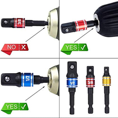 CIGOTU Socket Adapter Extension Set, 1/4, 3/8, 1/2 Inch Hex Shank, Impact Grade, Power Drill to Socket Converter, 3-Piece (Black) - color: 3*black