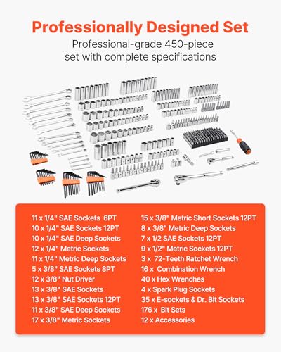 VEVOR Mechanics Tool Set and Socket Set, 450 Pcs, 1/4, 3/8 and 1/2 inch Drive Deep and Standard Sockets, SAE Metric Mechanic Tool Kit with Bits, Wrenches, Accessories, Storage Case with Orange Drawer - size: 1/4"&3/8"&1/2", style: NEW 450 PC