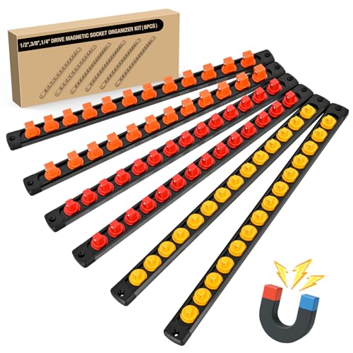 GOOACC Magnetic Socket Organizer 1/4" 3/8" 1/2" Socket Holder Set Heavy Duty Aluminum Socket Rail Organizers for Tool Box Drawer, 6 Pieces Magnetic Socket Rails Holds 80 Swivel Clips Orange Red Yellow - size: Rail Magnetic 6PC 1/4"3/8"1/2"Orange Red Yello
