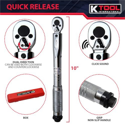 K Tool International 72100 Ratcheting Click Torque Wrench, 20 to 200 Inch Pound Range, Clockwise Operation, 4 Percent Accuracy, Audible Click, Compact Length