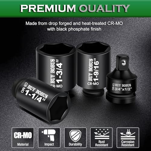 1/2" Drive Impact Socket Set, 9-Piece Standard SAE Deep Axle Nut Sockets, 6-Point, Cr-Mo,1-1/4，1-3/8，1-7/16，1-1/2，1-9/16，1-5/8，1-11/16，1-3/4, Impact Socket Adapter (3/4" x 1/2") - size: 9 Piece 1/2" SAE Impact Socket Set