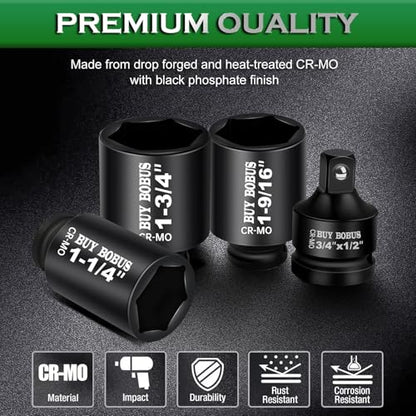 1/2" Drive Impact Socket Set, 9-Piece Standard SAE Deep Axle Nut Sockets, 6-Point, Cr-Mo,1-1/4，1-3/8，1-7/16，1-1/2，1-9/16，1-5/8，1-11/16，1-3/4, Impact Socket Adapter (3/4" x 1/2") - size: 9 Piece 1/2" SAE Impact Socket Set