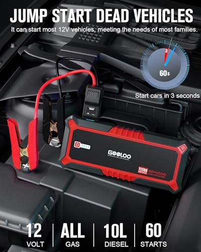 GOOLOO GP4000 4000A Peak Car Battery Jump Starter, Portable Battery Booster for Up to All Gas or 10L Diesel Engine, SuperSafe 12V Lithium Jump Box Power Pack with Jumper Cable,Red - color: red