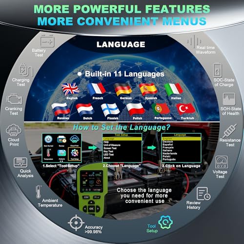 BT90 PRO 2-360Ah Battery Tester with Cloud Printing, 30-3800 CCA, 6V/12V/24V Digital Analyzer, SOH/SOC/Volt/Res/Cranking&Charging Test, Real‑Time Ambient Temp, AGM/EFB/Gel/Li - color: GREEN