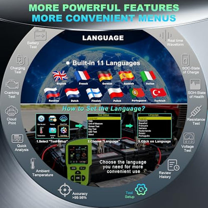BT90 PRO 2-360Ah Battery Tester with Cloud Printing, 30-3800 CCA, 6V/12V/24V Digital Analyzer, SOH/SOC/Volt/Res/Cranking&Charging Test, Real‑Time Ambient Temp, AGM/EFB/Gel/Li - color: GREEN