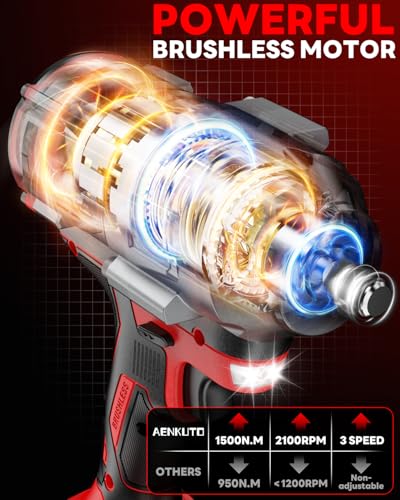 Cordless Impact Wrench for Milwaukee 18V,1500Nm (1106 Ft-Lbs) 1/2" Brushless Impact Gun, LED Work Light, 3-Speed High Torque Power Tool for Tire Removal, Rusted Bolts (No Battery)