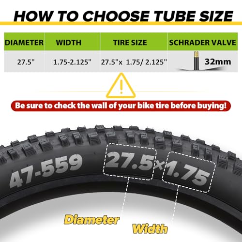 2 Pack Bike Tube 12"/14"/16"/18"/ 20"/ 22"/24"/ 26"/27.5"/28"/29" | 1.75/1.95/2.10/2.125 Bicycle Tube with 2 Tire Levers, 32mm AV Schrader Valve, Butyl Rubber Inner Tube for Kids/Road/MTB Bike - style: 27.5" X 1.75/2.125 (2pack)