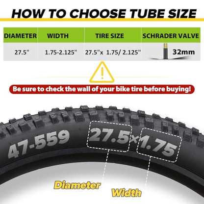 2 Pack Bike Tube 12"/14"/16"/18"/ 20"/ 22"/24"/ 26"/27.5"/28"/29" | 1.75/1.95/2.10/2.125 Bicycle Tube with 2 Tire Levers, 32mm AV Schrader Valve, Butyl Rubber Inner Tube for Kids/Road/MTB Bike - style: 27.5" X 1.75/2.125 (2pack)