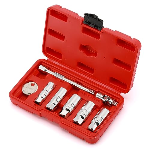CASOMAN 3/8-Inch Drive Spark Plug Socket Set, 6-Point, Include Extension Bar, Universal Joint & Spark Plug Gapper, 8Piece Set, CR-V Steel - size: 8-Piece Set with Accessory