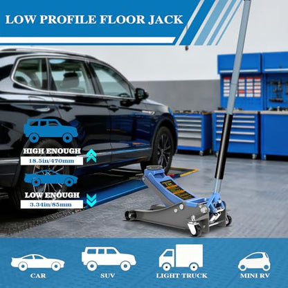 Larbanke 3 Ton Low Profile Floor Jack - Heavy Duty Steel Hydraulic Car Jack with Dual-Piston Rapid Lift Pump, 3.34"-18.5" Lifting Range, Magnetic Parts Tray, Blue - size: 465MM-3T