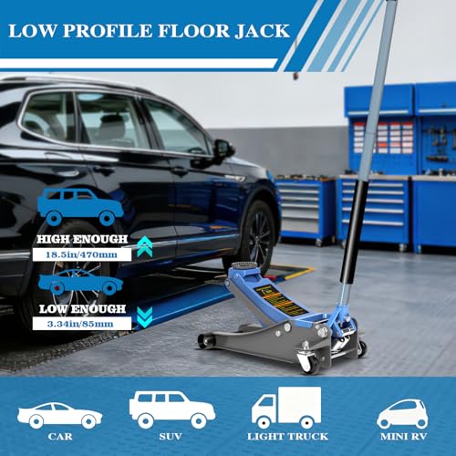 Larbanke 3 Ton Low Profile Floor Jack - Heavy Duty Steel Hydraulic Car Jack with Dual-Piston Rapid Lift Pump, 3.34"-18.5" Lifting Range, Magnetic Parts Tray, Blue - size: 465MM-3T