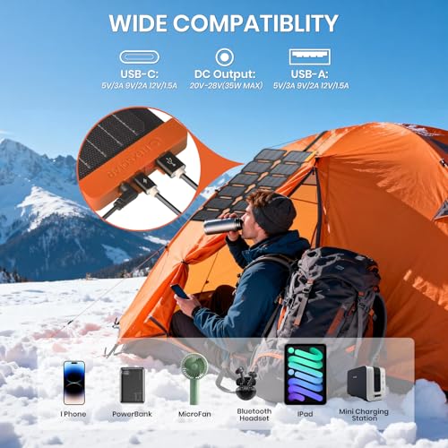FlexSolar 36W Ultra-Portable Solar Panel Charger with Quick Charge, USB-A & USB-C & DC Ports, Ultra-Lightweight for Outdoor Emergency Power, Backpacking, Hiking, and Camping - size: E-36W