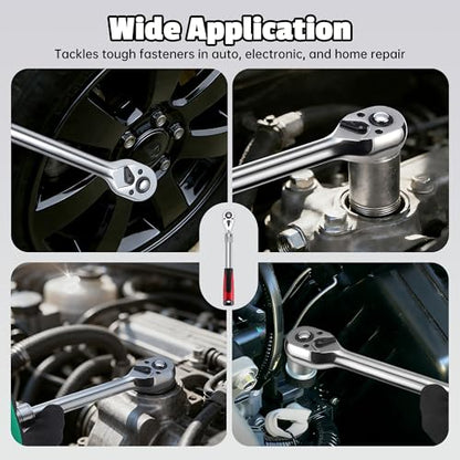 3-Piece Extendable Ratchet Wrench Set, 1/4", 3/8", 1/2" Drive, 72-Tooth Quick-Release Reversible Socket Wrench, Chrome-Plated & Polished, Heavy-Duty Mechanics Tool Set with Storage Tray
