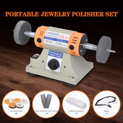 4" Jewelry Polisher & Adjustable Variable Speed Grinder Machine - With 6 Cloth Wheels & 2 Abrasive Wheels, Safety Glasses & Compound for Jewelry, Metal, Wood, Jade, Plastic Polishing