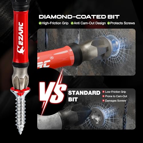 EZARC Diamond Tip Screwdriver Bit Set, Anti-Slip Magnetic 2-9/16"(65mm) Torx Phillips Pozidriv Slotted Bits, S2 Alloy Steel, 1/4" Hex Shank for Impact Driver & Power Drill, 10-Piece