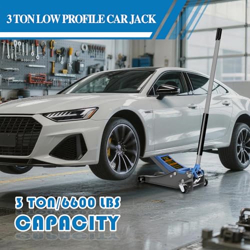 Larbanke 3 Ton Low Profile Floor Jack - Heavy Duty Steel Hydraulic Car Jack with Dual-Piston Rapid Lift Pump, 3.34"-18.5" Lifting Range, Magnetic Parts Tray, Blue - size: 465MM-3T