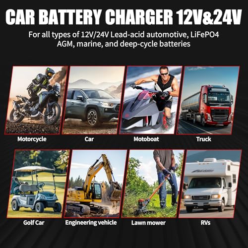SWTsweter 16A Smart Car Battery Charger,12V/24V Maintainer & Desulfator with 200s Booster Mode - Compatible with 12.6V Lithium-Ion, LiFePO4, AGM, Gel, Lead-Acid for Truck, Motorcycle, RV, Lawn Mower