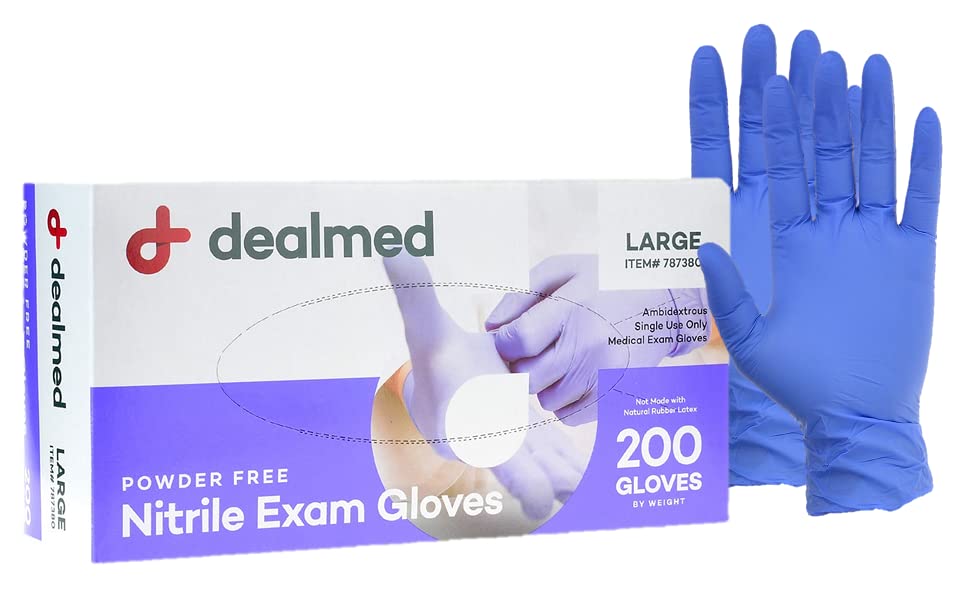 Dealmed Nitrile Exam Gloves - Latex Free, Disposable - 200 Count Large | Purple, Powder Free, Ambidextrous Fit, Extended Cuff, 9.5 in Length, A5 Cut Level, Medical Use, Waterproof - color: Purple (Pack of 1), size: Large (Pack of 200)