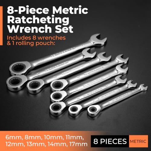 8-Piece Metric Ratcheting Combination Wrench Set, 72-Tooth, CR-V Steel | Mirror Polished, 12-Point Design, Rolling Pouch Included, Ideal for Modern Vehicle, Furniture and General Mechanical Repairs - size: 6mm-17mm
