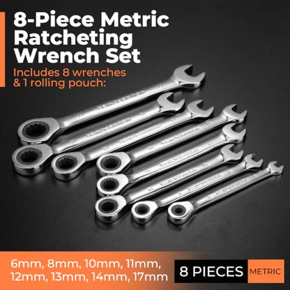 8-Piece Metric Ratcheting Combination Wrench Set, 72-Tooth, CR-V Steel | Mirror Polished, 12-Point Design, Rolling Pouch Included, Ideal for Modern Vehicle, Furniture and General Mechanical Repairs - size: 6mm-17mm